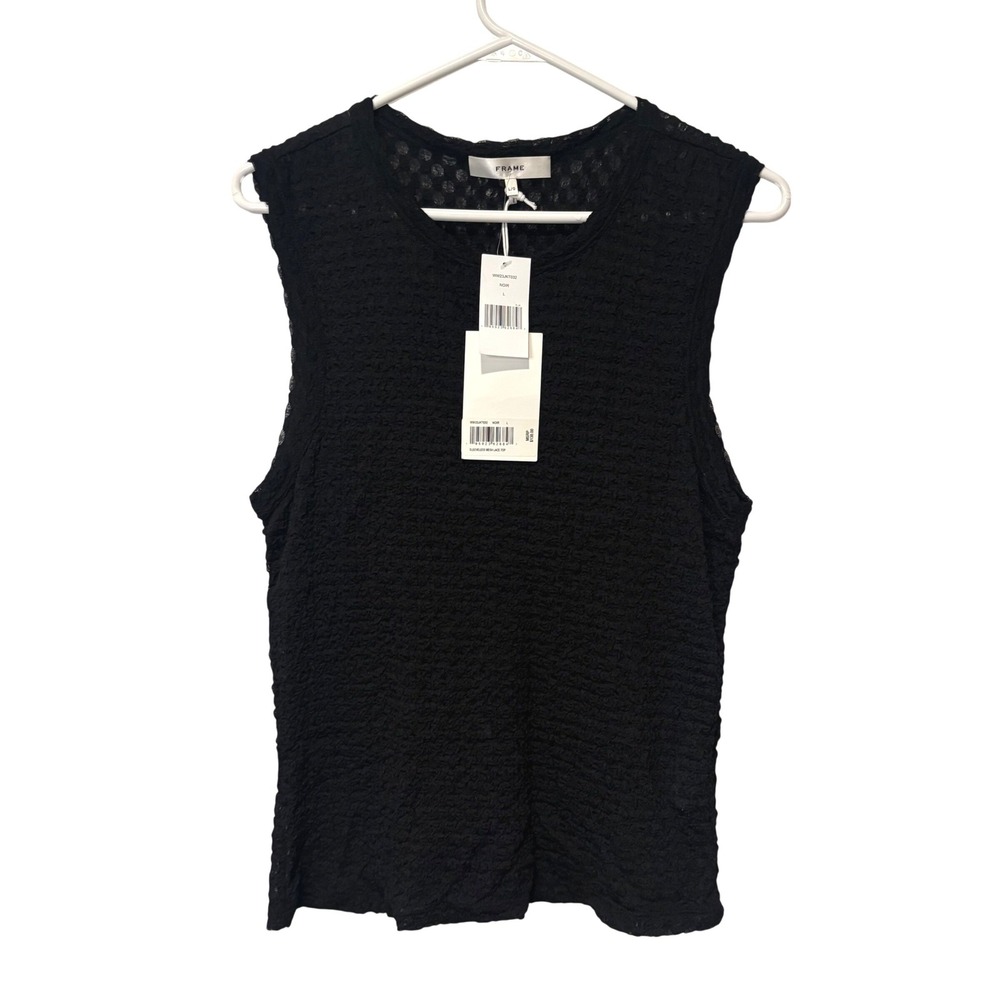 NWT FRAME Noir Sleeveless Mesh Lace Top Black Crew Neck Large Basic Summer